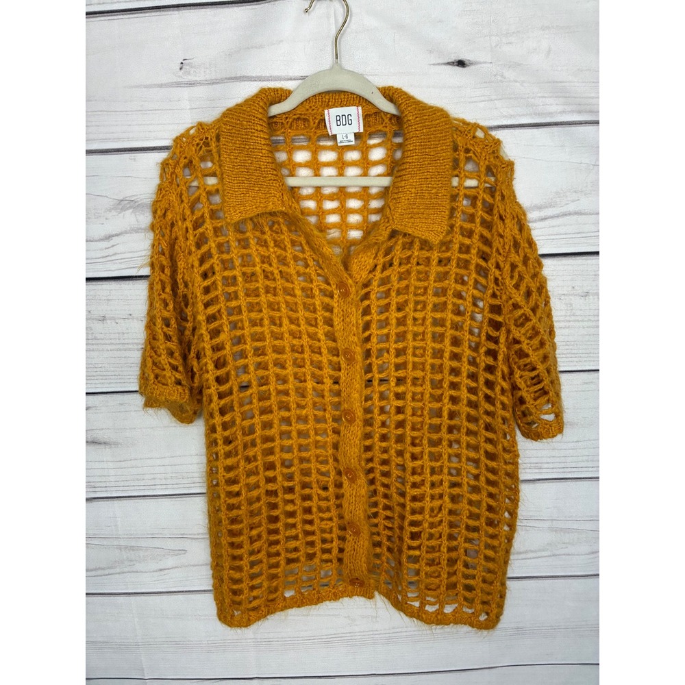 BDG Urban Outfitters Mustard Yellow Open Knit Crochet Button Down‎ Cardigan L